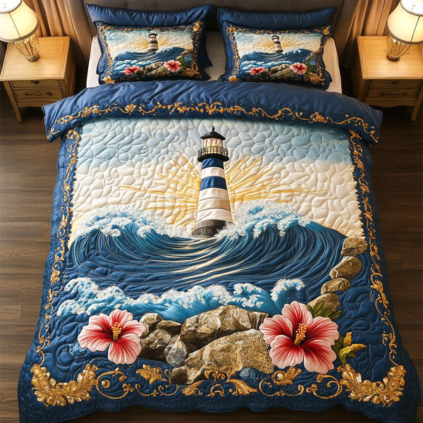 Coral Horizon quilted 3-piece bedding set on a made bed in a light coastal bedroom