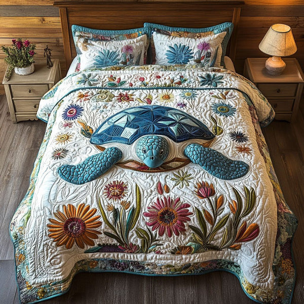 Coral Journey quilted 3-piece bedding set on a made bed in a light coastal bedroom