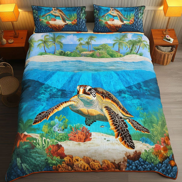 Coral Pathway quilted 3-piece bedding set on a made bed in a light coastal bedroom