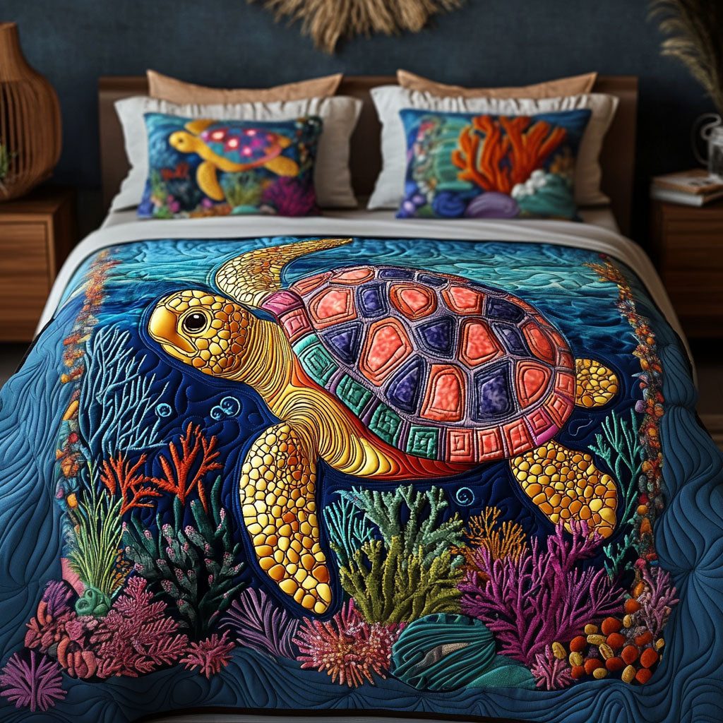 Coral Pathways quilted 3-piece bedding set on a made bed in a light coastal bedroom