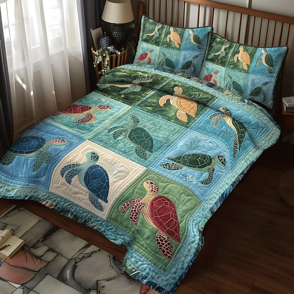 Coral Reef Comfor quilted 3-piece bedding set on a made bed in a light coastal bedroom