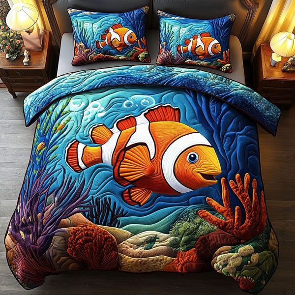 Coral Reef Escape quilted 3-piece bedding set on a made bed in a light coastal bedroom