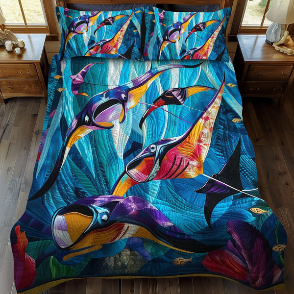 Coral Reef Majesty quilted 3-piece bedding set on a made bed in a light coastal bedroom