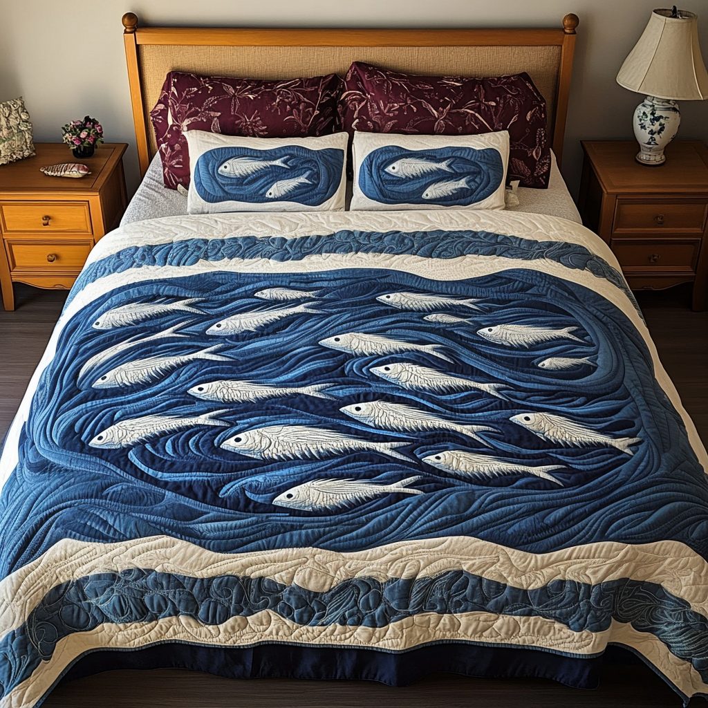 Coral Reef quilted 3-piece bedding set on a made bed in a light coastal bedroom