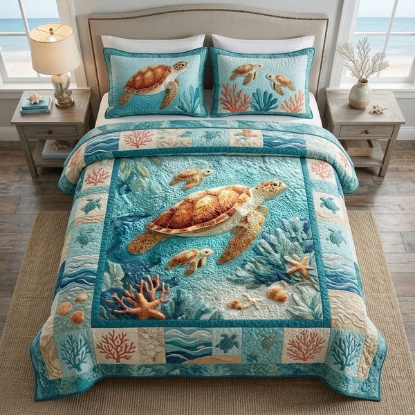 Coral Reef Turtle quilted 3-piece bedding set on a made bed in a light coastal bedroom