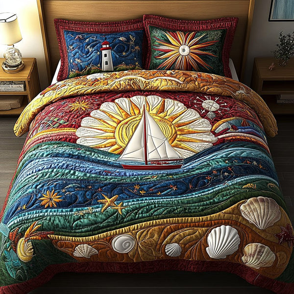 Coral Reef Wonders quilted 3-piece bedding set on a made bed in a light coastal bedroom