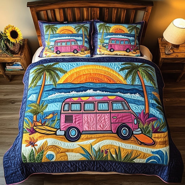 Coral Sands quilted 3-piece bedding set on a made bed in a light coastal bedroom