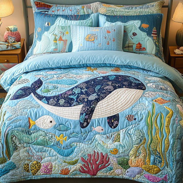Coral Sky quilted 3-piece bedding set on a made bed in a light coastal bedroom