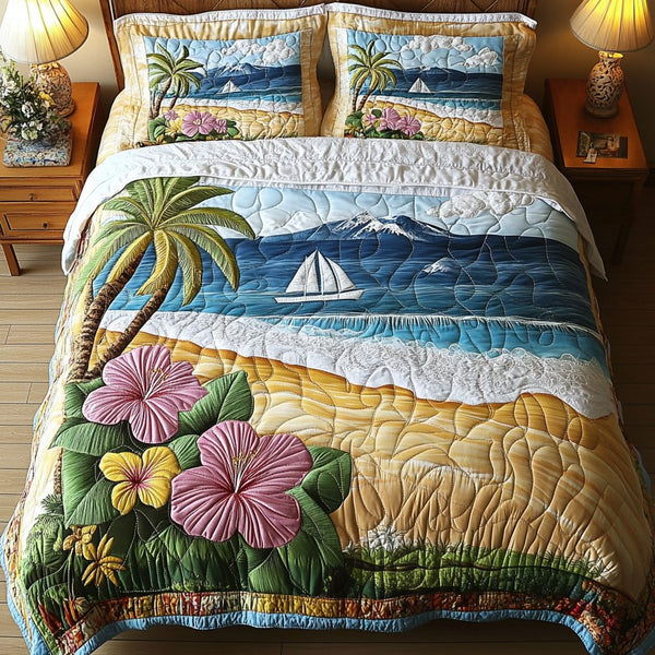 Coral Tide quilted 3-piece bedding set on a made bed in a light coastal bedroom