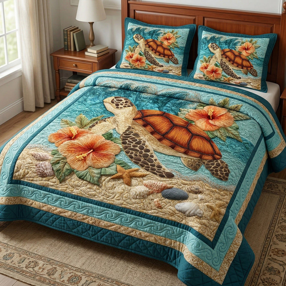 Coral Turtle quilted 3-piece bedding set on a made bed in a light coastal bedroom