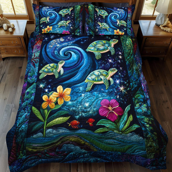 Coral Voyager quilted 3-piece bedding set on a made bed in a light coastal bedroom