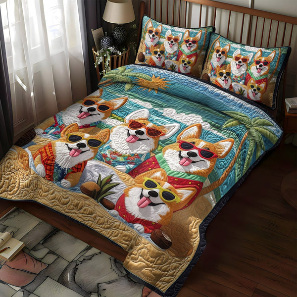 Corgi Bliss quilted 3-piece bedding set on a made bed with two matching pillow shams