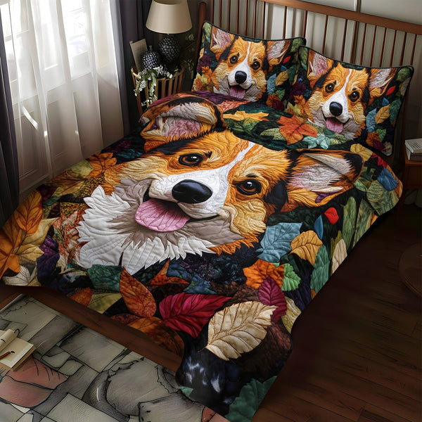 Corgi Charm quilted 3-piece bedding set on a made bed with two matching pillow shams