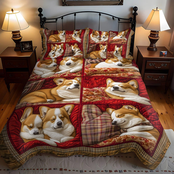 Corgi Charm Wrap quilted 3-piece bedding set on a made bed with two matching pillow shams