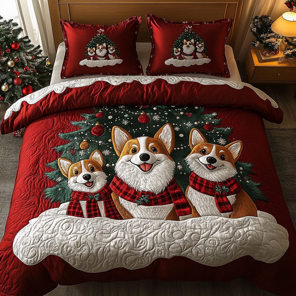 Corgi Christmas Joy quilted 3-piece bedding set on a made bed in a winter-styled bedroom