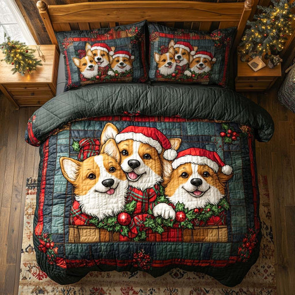 Corgi Christmas Joy quilted 3-piece bedding set on a made bed in a winter-styled bedroom