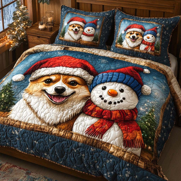 Corgi Christmas Smile quilted 3-piece bedding set on a made bed in a winter-styled bedroom