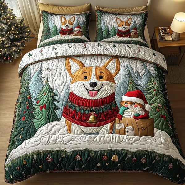 Corgi Claus quilted 3-piece bedding set on a made bed with two matching pillow shams