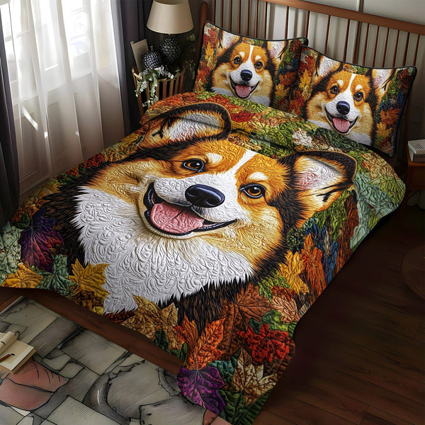 Corgi Comfort quilted 3-piece bedding set on a made bed with two matching pillow shams