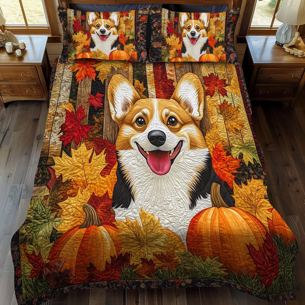 Corgi Companion Delight quilted 3-piece bedding set on a made bed with two matching pillow shams