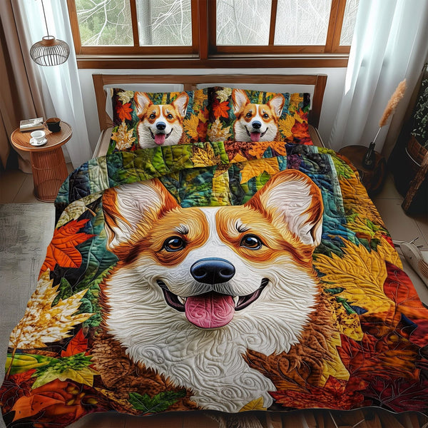 Corgi Cuddle Haven quilted 3-piece bedding set on a made bed with two matching pillow shams