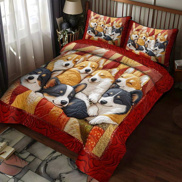 Corgi Cuddle Squad quilted 3-piece bedding set on a made bed with two matching pillow shams
