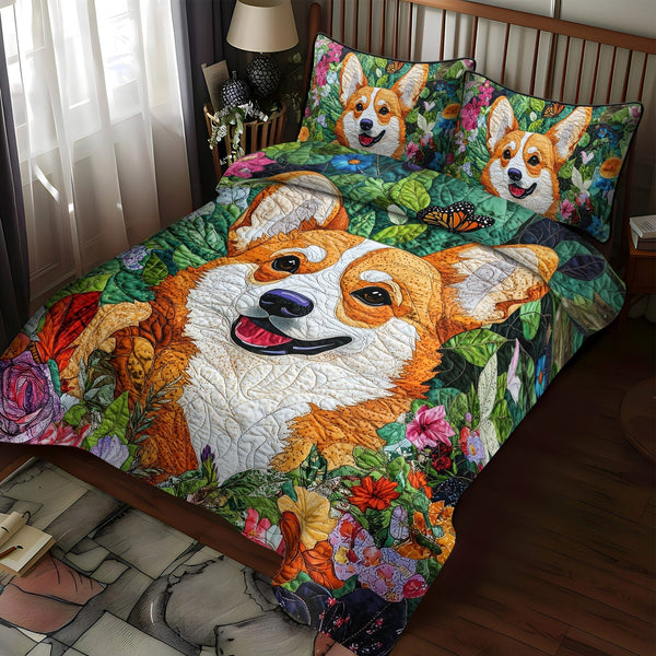 Corgi Dreams quilted 3-piece bedding set on a made bed with two matching pillow shams