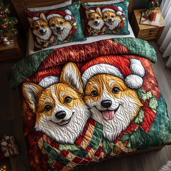 Corgi Festive Pair quilted 3-piece bedding set on a made bed in a winter-styled bedroom