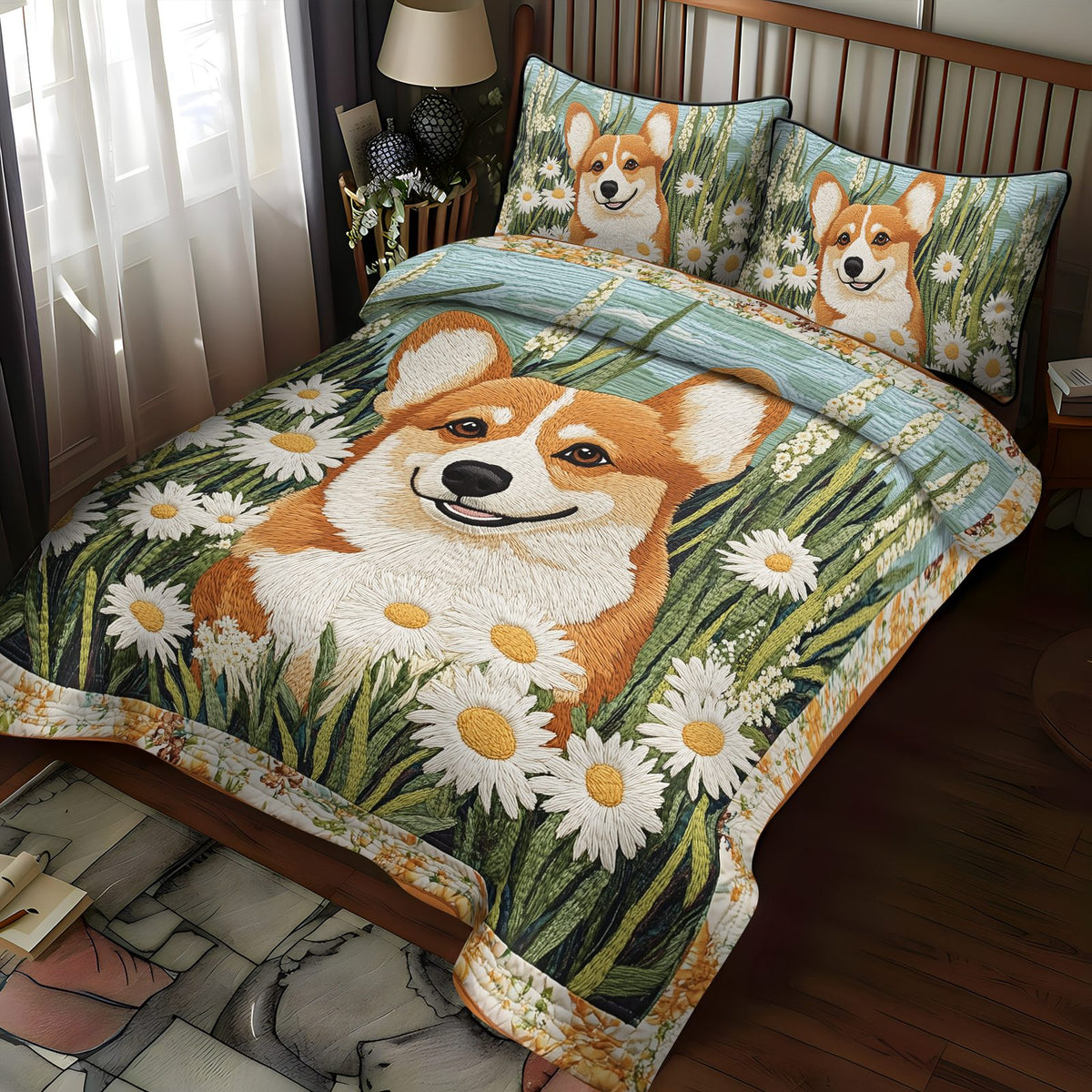 Corgi Floral Wonderland quilted 3-piece bedding set on a made bed with two matching pillow shams