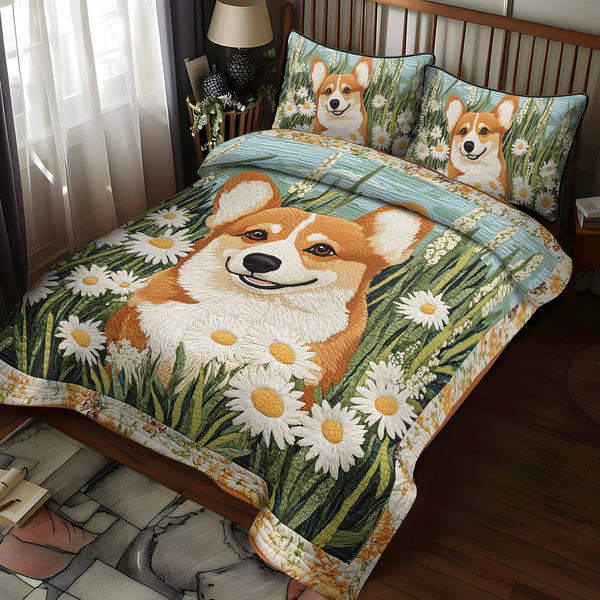 Corgi Floral Wonderland quilted 3-piece bedding set on a made bed with two matching pillow shams