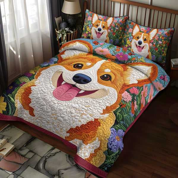 Corgi in Bloom quilted 3-piece bedding set on a made bed with two matching pillow shams