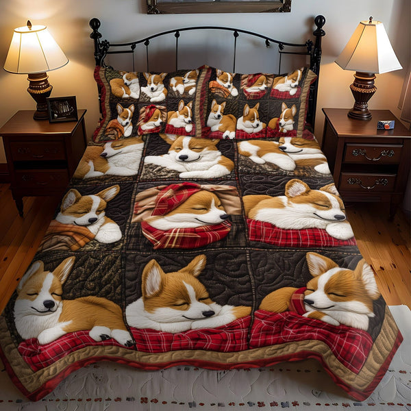 Corgi Joyride quilted 3-piece bedding set on a made bed with two matching pillow shams