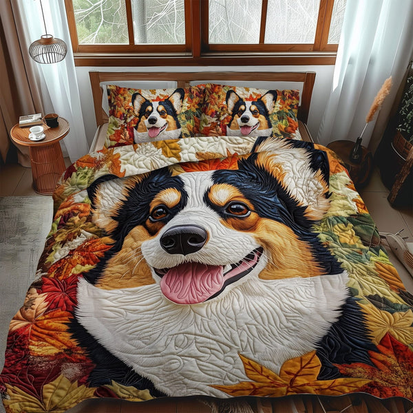 Corgi Love quilted 3-piece bedding set on a made bed with two matching pillow shams