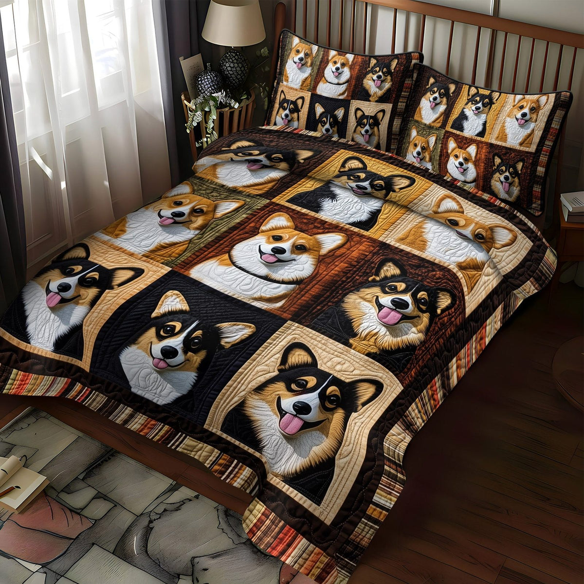 Corgi Paws and Dreams quilted 3-piece bedding set on a made bed with two matching pillow shams