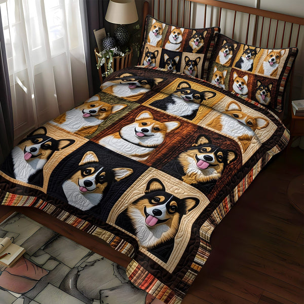 Corgi Paws and Dreams quilted 3-piece bedding set on a made bed with two matching pillow shams