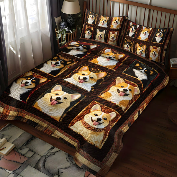Corgi Playtime quilted 3-piece bedding set on a made bed with two matching pillow shams