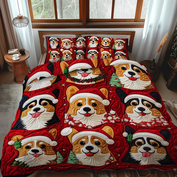 Corgi Snuggle Patch quilted 3-piece bedding set on a made bed with two matching pillow shams