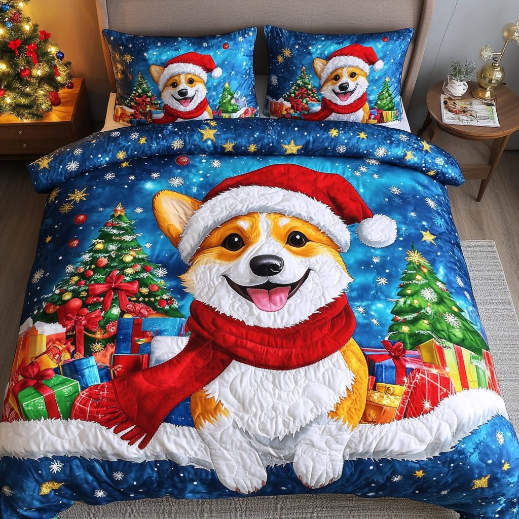 Corgi Wonderland quilted 3-piece bedding set on a made bed with two matching pillow shams