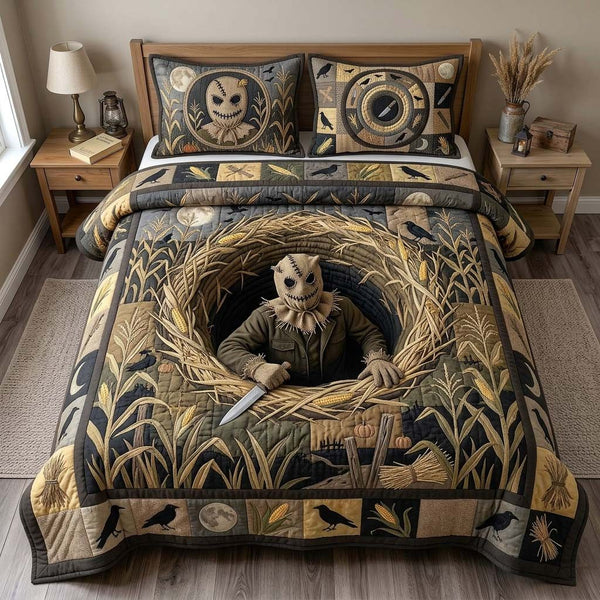 Cornfield Scarecrow quilted 3-piece bedding set on a made bed with two matching pillow shams