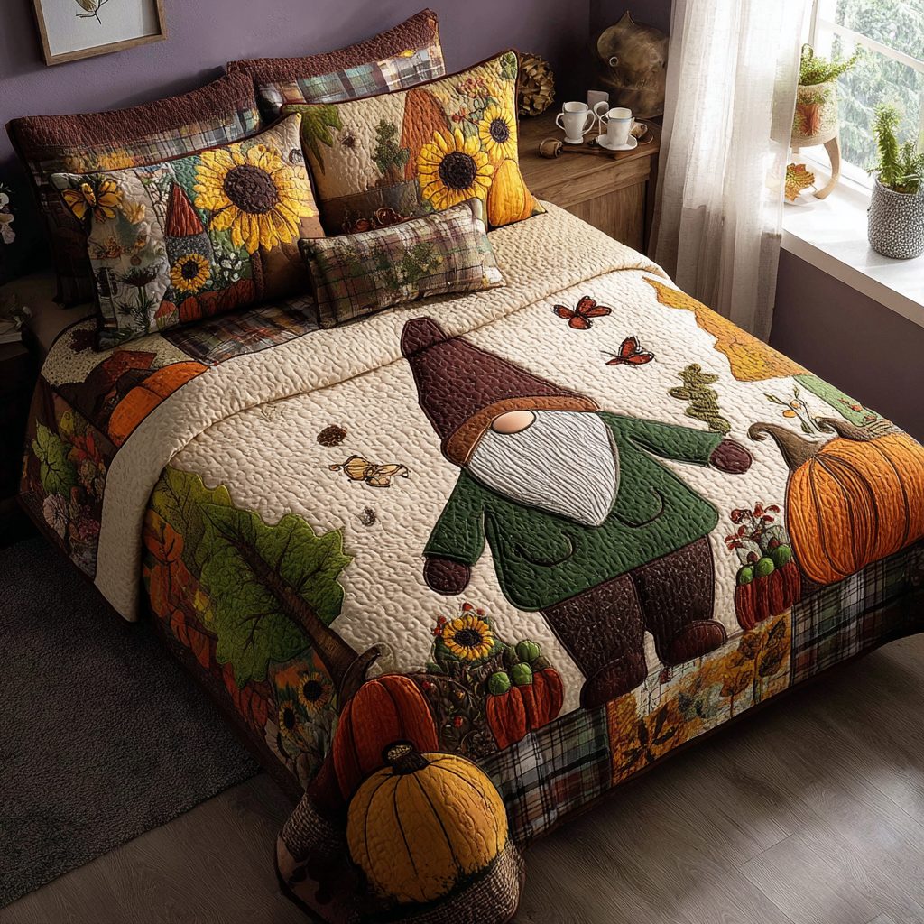 Cornucopia Crew quilted 3-piece bedding set on a made bed with two matching pillow shams