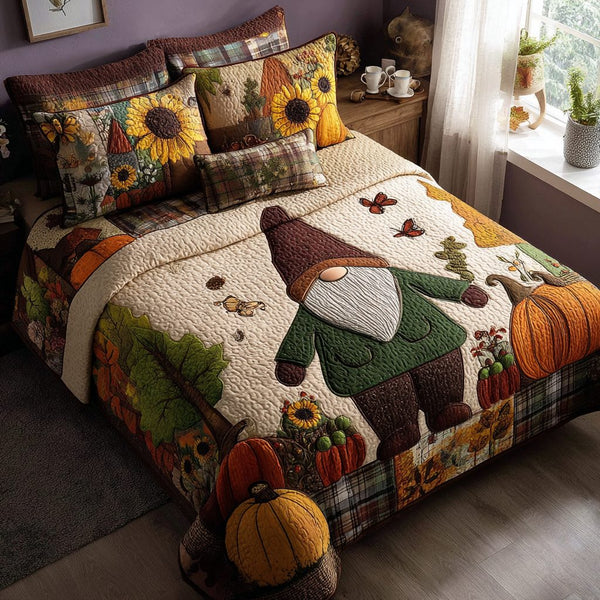 Cornucopia Crew quilted 3-piece bedding set on a made bed with two matching pillow shams