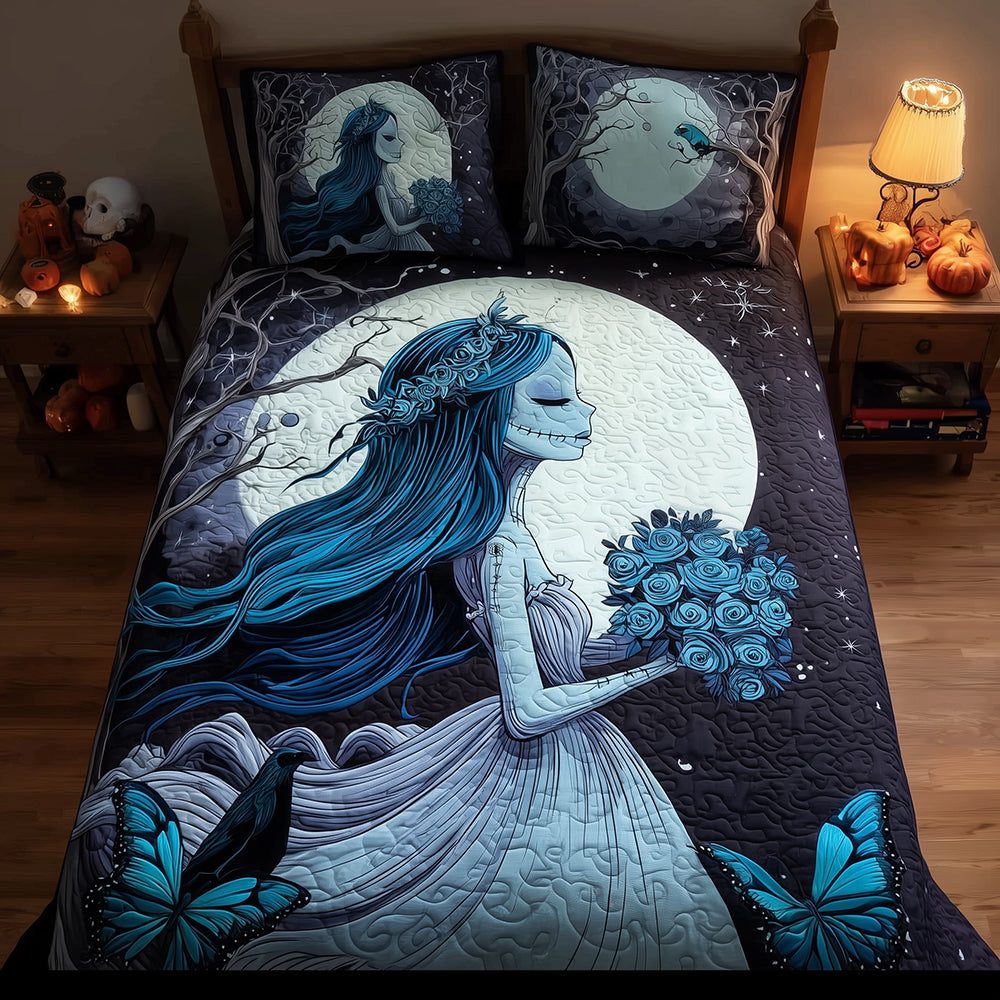 Corpse Bride quilted 3-piece bedding set on a made bed with two matching pillow shams
