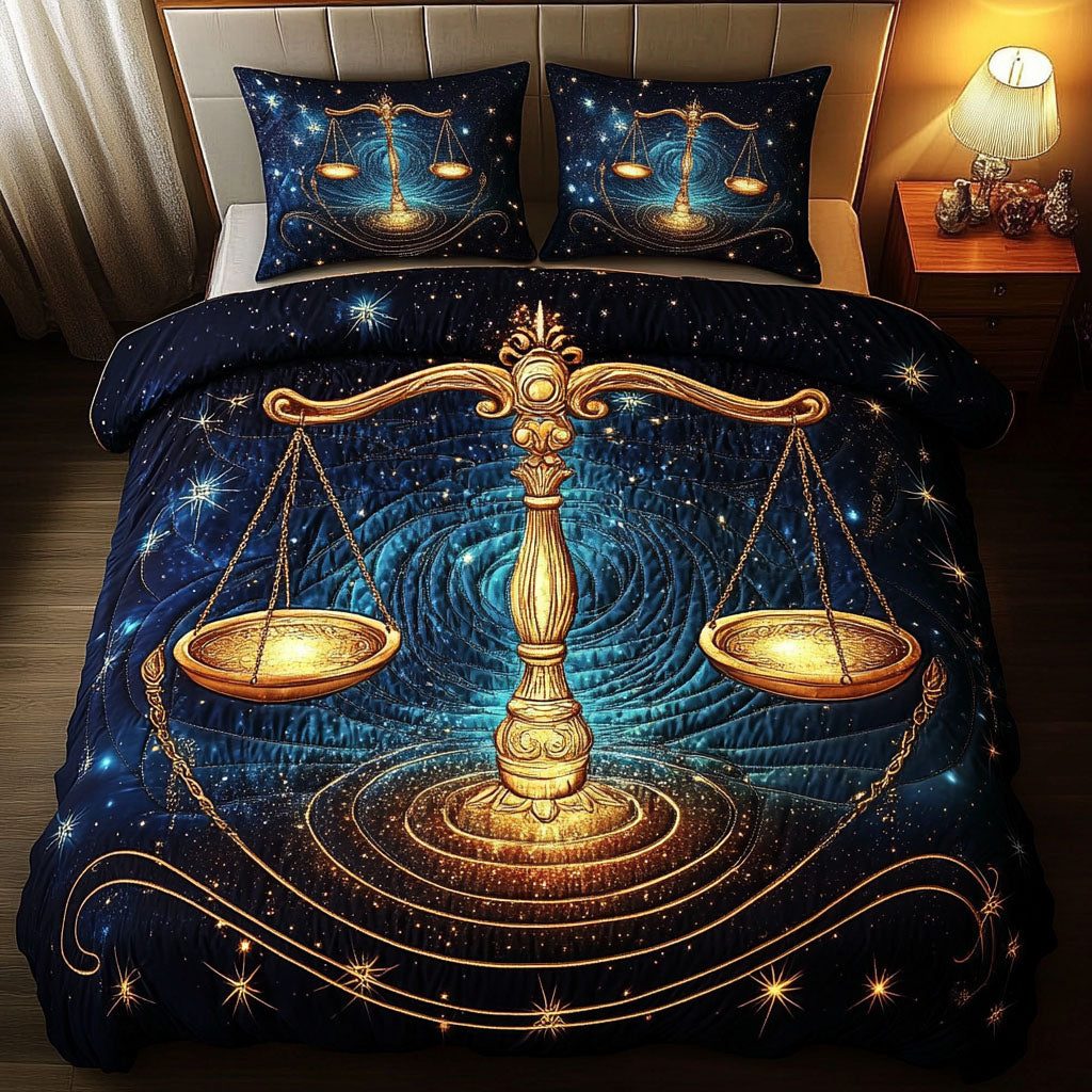 Cosmic Balance quilted 3-piece bedding set on a made bed with two matching pillow shams