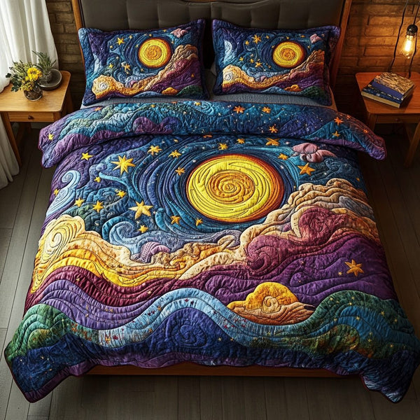 Cosmic Beauty quilted 3-piece bedding set on a made bed with two matching pillow shams