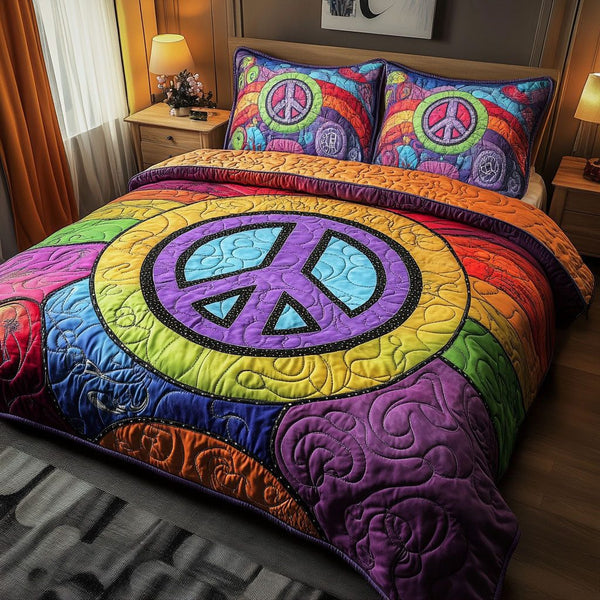 Cosmic Calm quilted 3-piece bedding set on a made bed with two matching pillow shams