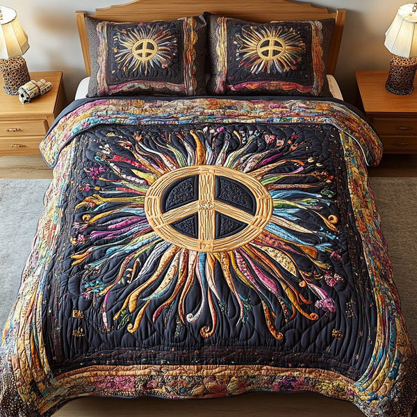 Cosmic Calm quilted 3-piece bedding set on a made bed with two matching pillow shams