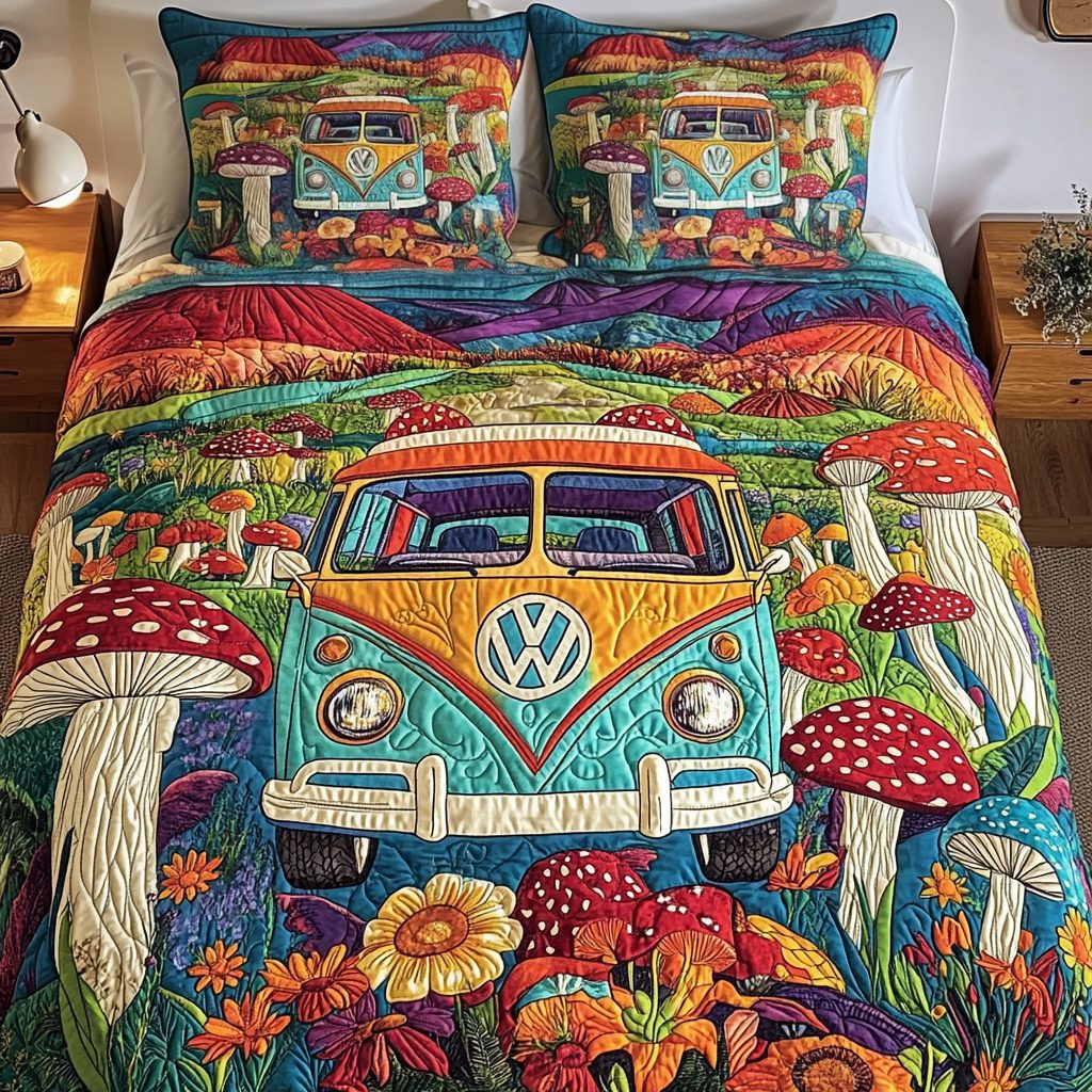 Cosmic Camper quilted 3-piece bedding set on a made bed with two matching pillow shams