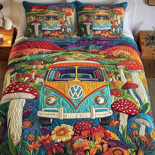 Cosmic Camper quilted 3-piece bedding set on a made bed with two matching pillow shams