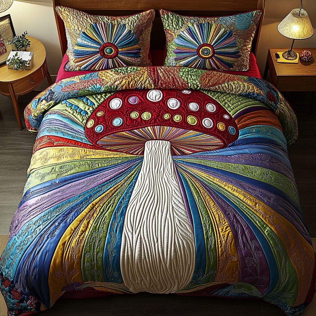 Cosmic Caps quilted 3-piece bedding set on a made bed with two matching pillow shams