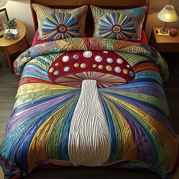 Cosmic Caps quilted 3-piece bedding set on a made bed with two matching pillow shams